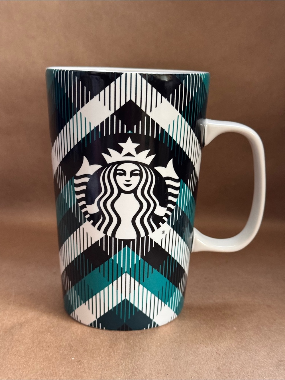 Starbucks 2015 Teal and Black Tartan Tall Mug. 16 fl oz.